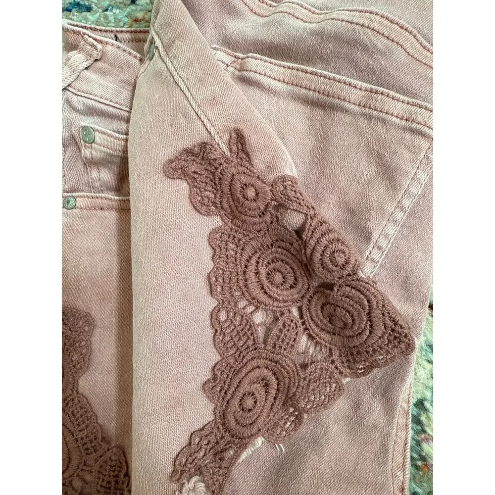 Celebrity Pink Dusty Rose Pink Denim Raw Hem Cut off Shorts with Lace Detail - Picture 3 of 6